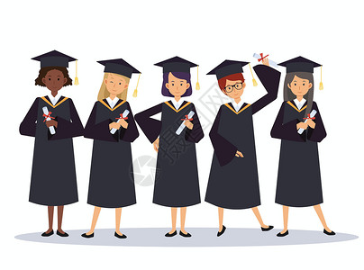 Woamn 女孩组快乐微笑的毕业生穿着毕业礼服 手里拿着文凭 矢量插图概念毕业典礼卡通风格帽高清图片素材