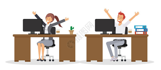 女办公室商务人士的矢量平面卡通人物很高兴在办公室工作 商务人士和女商务人士很高兴设计图片