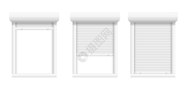白色百叶窗打开或特写的窗口 矢量金属百叶窗卷 快门保护系统插画