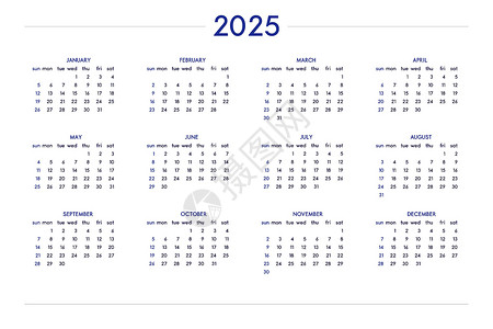 星期日历2025 年日历采用经典严格的风格 挂表日历时间表笔记本和规划师的最小约束业务设计 星期从周日开始记事簿年度商业计划网格桌子组织插画