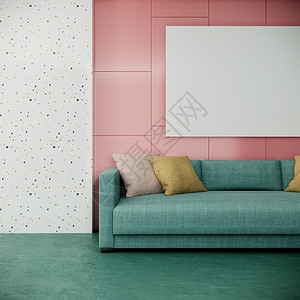 嗨翻开学季海报白色和粉色墙上绿色沙发的室内设计 3D翻背景图画布(3d)中写着绿沙发背景