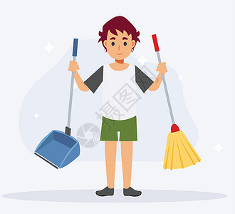 掸灰尘小男孩帮助打扫家务后 年轻的小男孩拿着扫帚和尘勺 在他周围闪闪发光 干净 平面卡通矢量插画