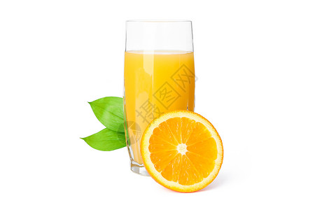 一杯橙汁一杯新鲜橙汁 含橙子和白底孤立的叶子 新自然饮品果汁果味反射午餐营养饮料水果热带饮食早餐背景