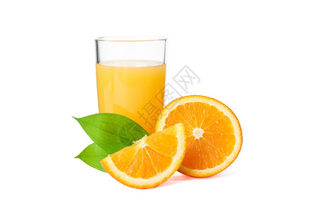 一杯橙汁一杯新鲜橙汁 含橙子和白底孤立的叶子 新自然饮品反射果汁热带果味饮食早餐液体饮料营养水果背景