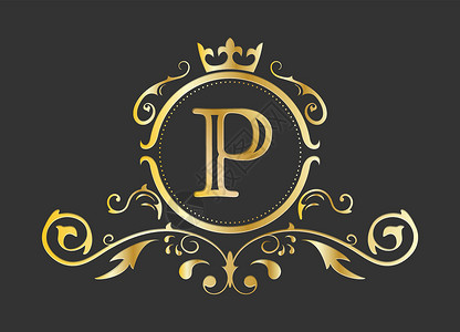 金色字母l拉丁字母表的金色程式化字母 P 带有装饰品和皇冠的会标模板 用于设计 ials 名片徽标标志和 heraldr插画