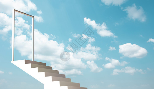 台阶到天堂在蓝天的白色台阶  3D 插图精神生活生长小路上帝楼梯入口商业建筑学信仰背景