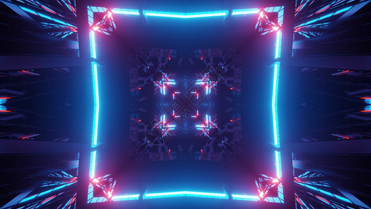 方形霓虹灯隧道的 3D 插图背景图片