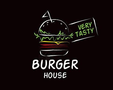 黑色汉堡黑色背景的手工绘制矢量汉堡标志潮人芝士菜单绘画餐厅徽章咖啡店标签邮票牛肉插画