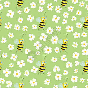 蜜蜂和鲜花在彩色背景上的无缝模式 小黄蜂 矢量图 可爱的卡通人物 邀请卡纺织面料的模板设计 涂鸦样式插图动物乐趣荒野工人翅膀卡通背景图片