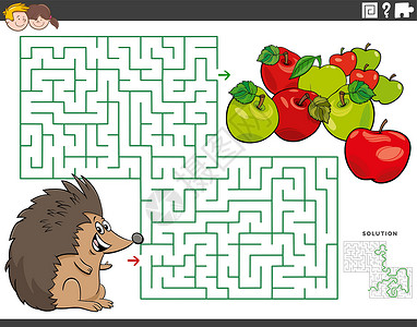 带有卡通刺猬和苹果的迷宫教育游戏背景图片