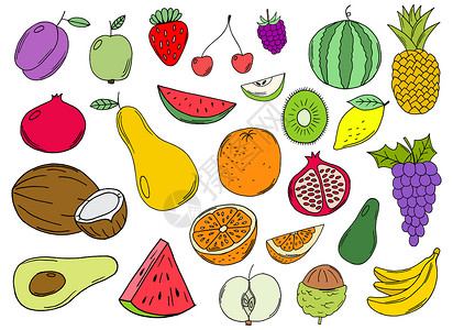 手绘水果蔬菜背景上孤立的手绘水果采集矢量设计插图食物浆果绘画花园柠檬涂鸦营养草图覆盆子西瓜背景