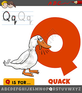 鸭鸭鸭卡通字体字母表中的字母 Q 与嘎嘎鸭声设计图片