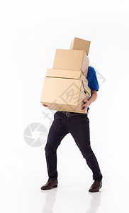 身穿蓝色制服的亚洲青年送货员 白背景被孤立的手持carry纸板盒货物工作工人邮政服务商业盒子邮件送货运输男人高清图片素材