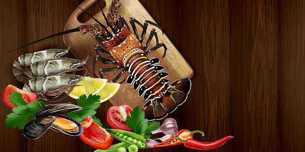 餐桌上的海鲜餐桌上的龙虾和海鲜香菜胡椒国王营养餐厅厨房柠檬动物对虾食物插画