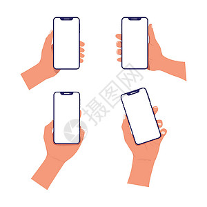 白手机一组手持智能手机的手 上面有空白的白色屏幕插画