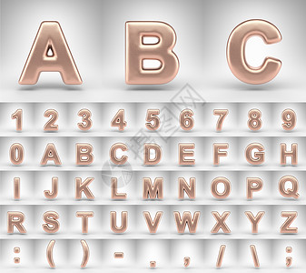 白色背景上的哑光铜字母表 具有闪亮金属质感的 3D 字母数字和字体符号背景图片