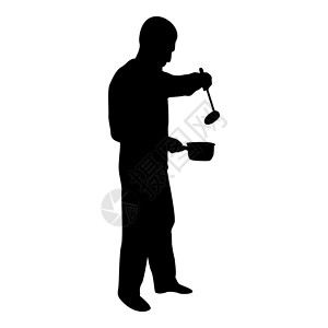 钢包剪影男人用平底锅勺勺子厨房用具裂开汤在他的手准备食物男性烹饪使用 sauciers 黑色矢量插图平面样式 imag餐饮服务服务员设计图片