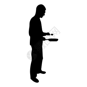剪影男子拿着煎锅勺子厨师拿着厨房用具专业使用厨房工作人员概念国内预制食品黑色矢量插图平面样式图像设计图片