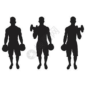 拿哑铃动作剪影一组剪影描绘了男人在白色背景下进行交替的二头肌卷曲手臂锻炼  EPS矢量插画