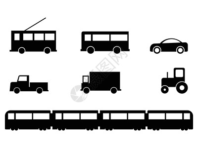 黑白车陆路运输车辆集 一组各种地面车辆 公交车卡车卡车拖拉机火车 黑白 EPS Vecto插画