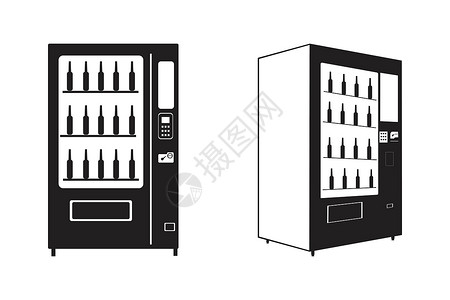 全货机饮料饮料自动售货机套装 黑与白 在白色背景上隔离的正面和侧面视图  EPS矢量插画