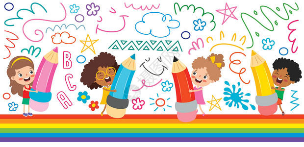 有趣的艺术概念设计爱好绘画童年墙纸幼儿园休闲女孩艺术家彩色铅笔画背景图片