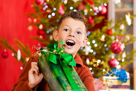 圣诞节  圣诞小男孩与Xmas礼物孩子幸福男生展示喜悦家庭惊喜儿子小玩意儿背景图片