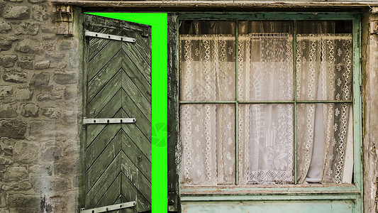 通往绿色屏幕的木门入口金属出口古董房子童话寓言乡村童年插图背景图片