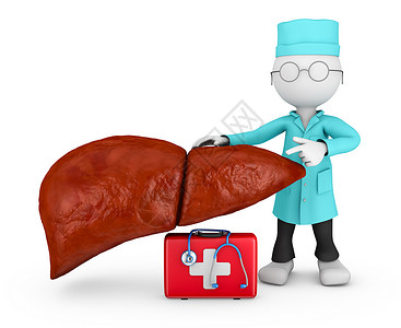 医生探索肝脏男性插图渲染医疗职业红色药品卡通片诊所手提箱背景图片