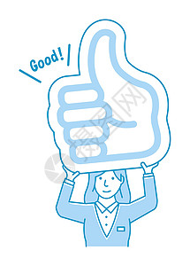 商务大拇指年轻女商务人士拿着纸板竖起大拇指插图广告手指手势商业盘子横幅卡通片木板标语注意力插画