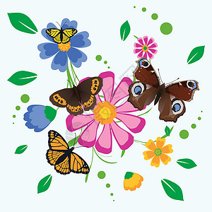 鲜花和蝴蝶蓝色植物白色花园卡通片动物翅膀绿色橙子叶子蓝色的高清图片素材