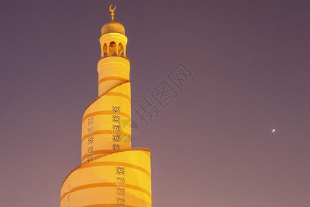 多哈法纳尔清真寺街道建筑学景观首都旅行城市全景地标蓝色天际黄昏高清图片素材