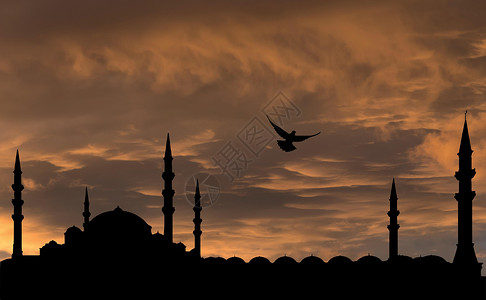 日落 飞鸟的天空和清真寺的轮廓设计图片