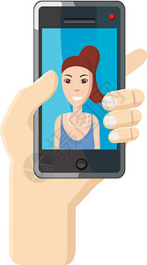手机拍照姿势女孩在智能手机 ico 上自拍照片设计图片