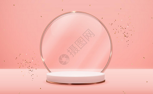 逼真的 3d 玫瑰金底座 金色玻璃环框覆盖粉红色柔和的自然背景 化妆品产品展示时尚杂志的时尚空领奖台展示 复制空间矢量图 Eps背景图片