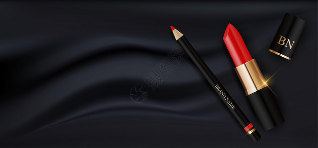 黑色唇妆或杂志背景的时尚化妆品产品黑色丝绸设计模板上的 3D 逼真红色唇膏和铅笔 矢量插图设计图片