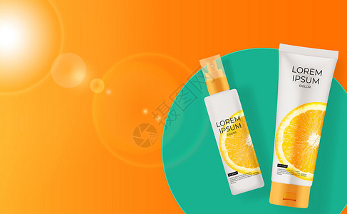3D 逼真的维生素 C 橙色奶油瓶背景 时尚化妆品产品设计模板 它制作图案矢量背景图片