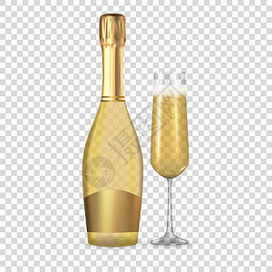 逼真的 3D 香槟金瓶和玻璃图标隔离在白色背景 矢量图 Eps1玫瑰瓶子包装奢华饮料小样派对金子绿色粉色插画