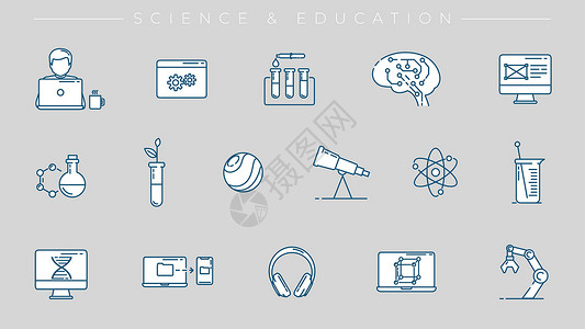 滴管填色图标科学和教育概念线条风格矢量图标集实验室信息器皿生物学耳机杯子望远镜物理编程烧杯设计图片