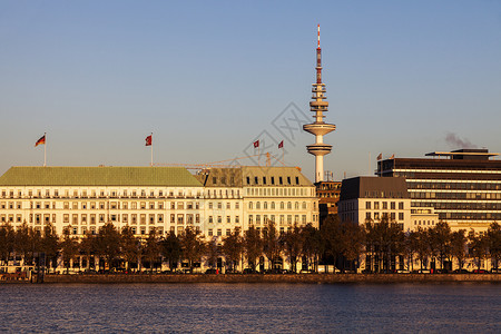 汉堡的书目天际旅行喷泉池塘建筑学地标城市市中心反射高清图片