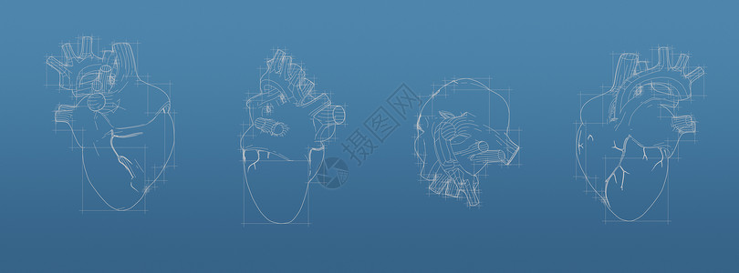 蓝色背景上的心形 3d 蓝图网格模型 前视图正交和透视自由样式 render3d renderin背景图片
