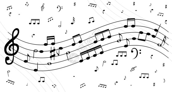 一组没有特征的五行时钟符号的音符 高音谱号 矢量插图白色钥匙颤声低音笔记黑色艺术旋律床单背景图片