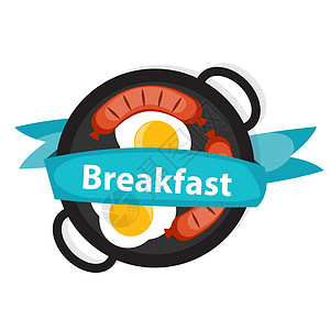 蒜黄炒鸡蛋现代平面矢量图案中带有香肠图标的早餐炒鸡蛋插画