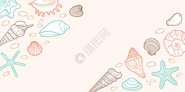 手绘雕刻线条设计模板 用于邀请函 贺卡 海报 横幅 传单 包装等 粉红色背景上的矢量色彩丰富的插画温泉蓝色鸽子海星胫骨海洋蜗牛螺背景图片