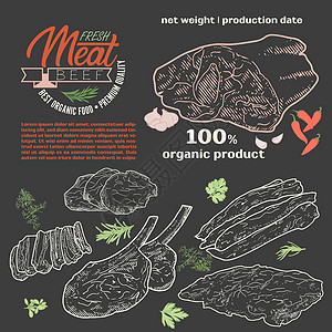牛排手机端模板模板框架中的生肉猪肉涂鸦绘画烹饪家禽羊肉标签熏肉插图牛肉插画
