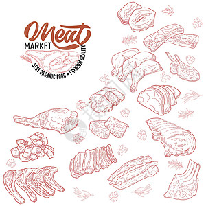 金门新鲜生肉雕刻设计涂鸦羊排绘画牛扒鱼片店铺羊肉收藏鸭子烹饪插画