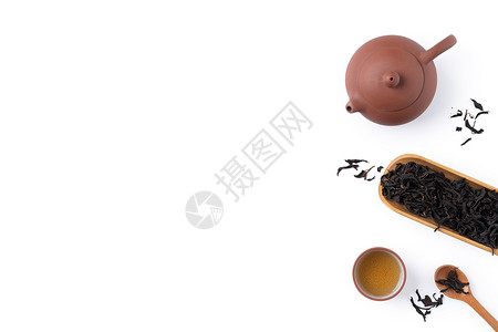 台湾新黑茶和叶子的顶级设计概念高架茶壶香气制品陶瓷平铺饮料桌子树叶文化背景图片