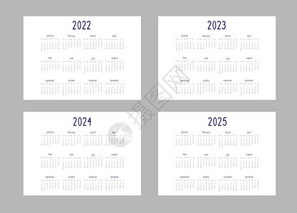 日历 2022 2023 2024 2025 年模板在白色背景上的经典严格风格黑色和红色 一周从星期日开始 水平横向格式 vec背景图片