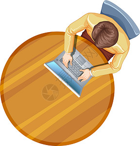 一个男人在桌子上方使用笔记本电脑的俯视图背景图片