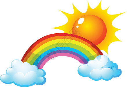 彩虹云太阳和彩虹曲线绘画黄色天气白色光谱圆形射线红色预报设计图片